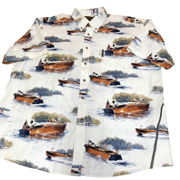 Clearwater Other - Clearwater Outfitters Mens XL White Wooden Boat Print Short Sleeve Button Down